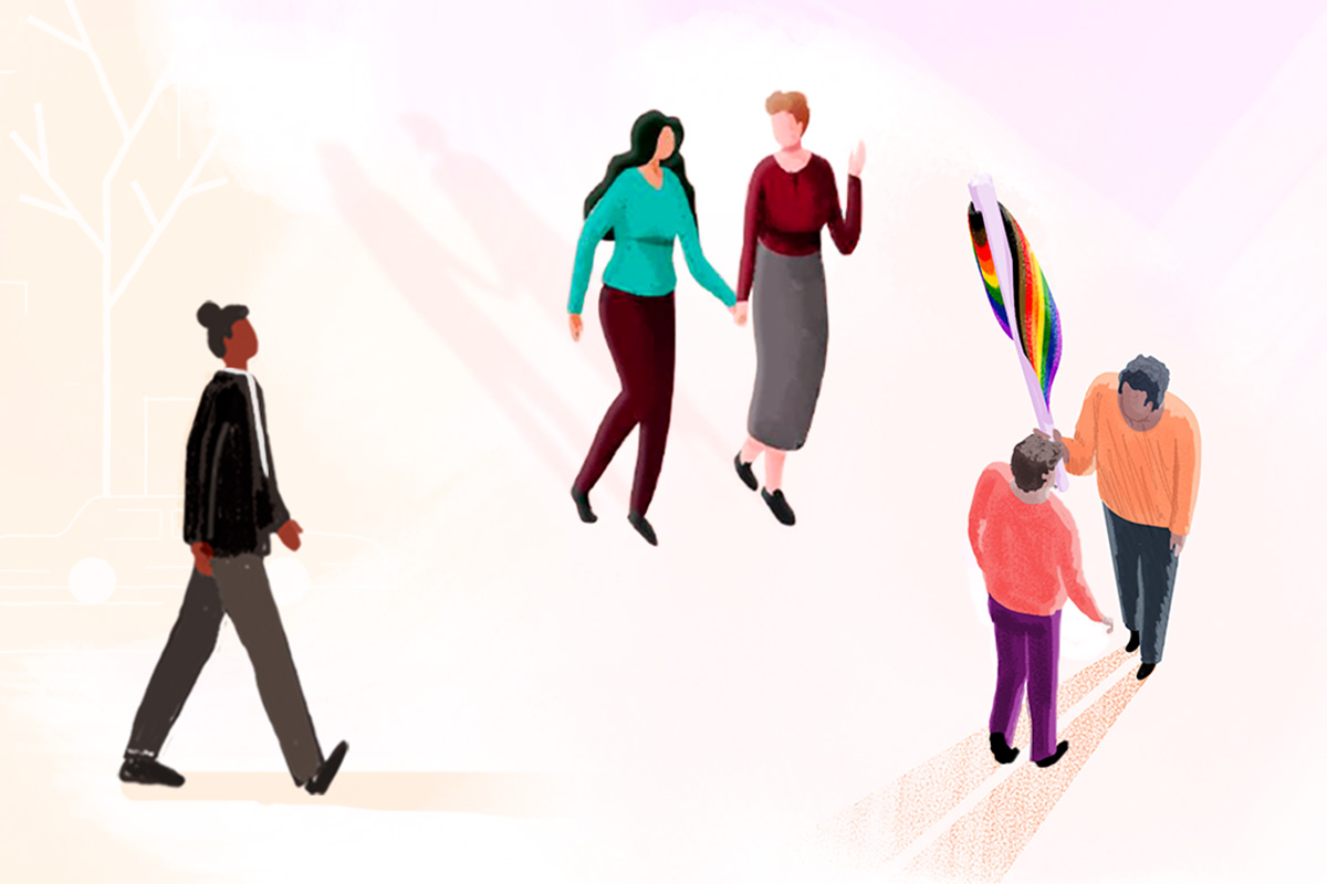 Illustration of people: two women holding hands, two people talking and holding a rainbow flag, one person walking alone.